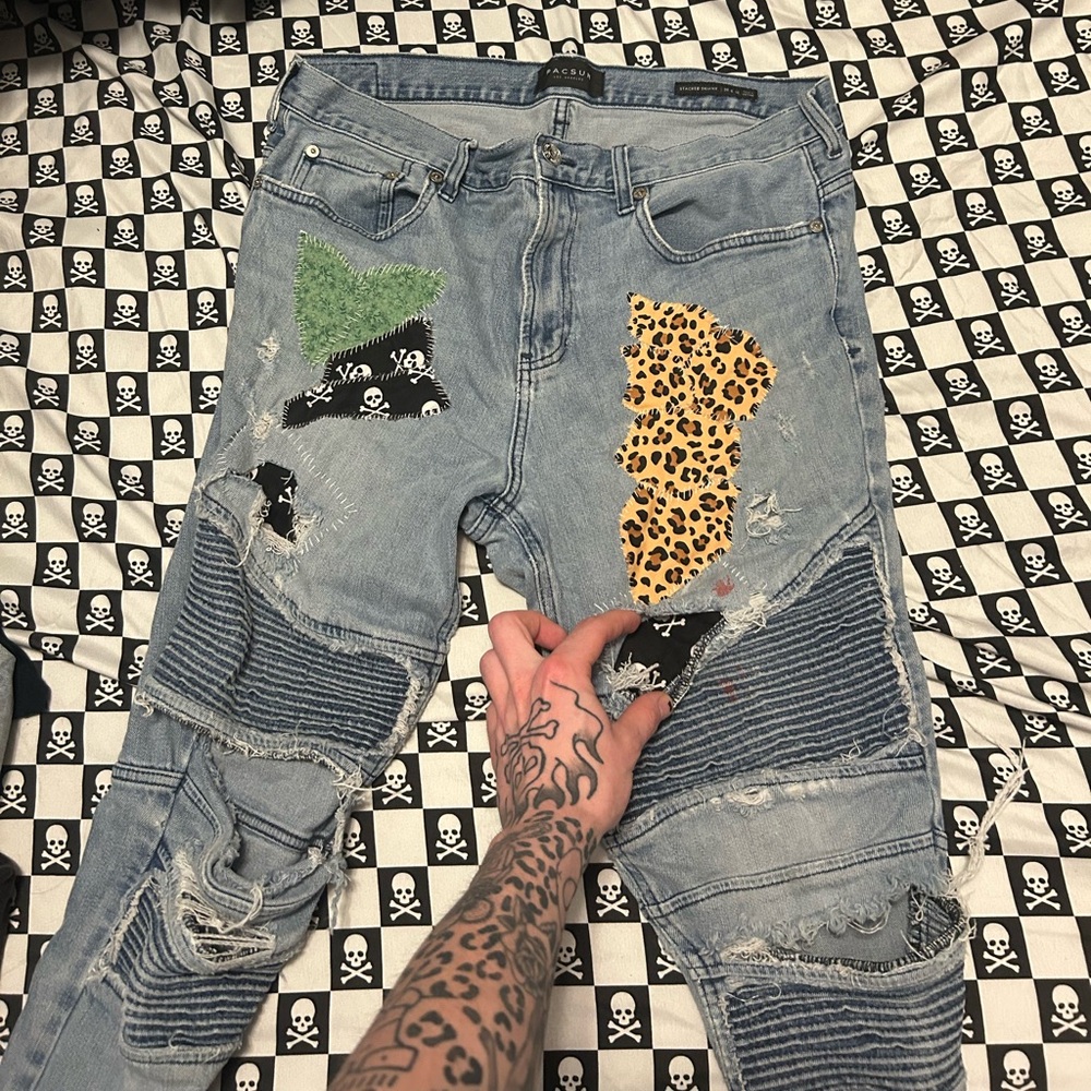 Hand stitched patchwork designs on vintage PacSun jeans 36 x 32